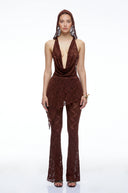 Eira Brown Lace Halterneck Top & Flared Trousers Set