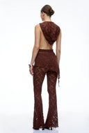 Eira Brown Lace Halterneck Top & Flared Trousers Set