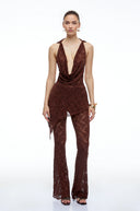 Eira Brown Lace Halterneck Top & Flared Trousers Set