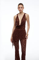 Eira Brown Lace Halterneck Top & Flared Trousers Set