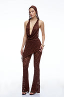 Eira Brown Lace Halterneck Top & Flared Trousers Set