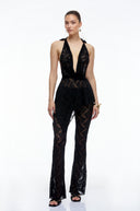 Eira Black Lace Halterneck Top & Flared Trousers Set