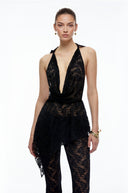 Eira Black Lace Halterneck Top & Flared Trousers Set