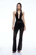 Eira Black Lace Halterneck Top & Flared Trousers Set