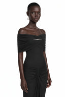Tanais Black Off Shoulder Pleated Maxi Dress