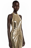 Laris Champagne Metallic Halterneck Maxi Dress with Slit