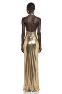 Laris Champagne Metallic Halterneck Maxi Dress with Slit