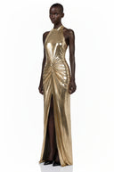 Laris Champagne Metallic Halterneck Maxi Dress with Slit