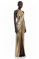 Laris Champagne Metallic Halterneck Maxi Dress with Slit
