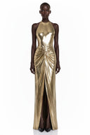 Laris Champagne Metallic Halterneck Maxi Dress with Slit