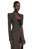 Capucine Grey Tailored Maxi Dress with Lace Inserts and Slit