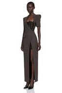 Capucine Grey Tailored Maxi Dress with Lace Inserts and Slit