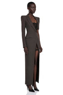 Capucine Grey Tailored Maxi Dress with Lace Inserts and Slit