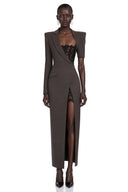 Capucine Grey Tailored Maxi Dress with Lace Inserts and Slit