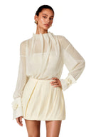 Delphine Neutral High Neck Ruched Blouse & Skirt Set