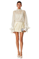 Delphine Neutral High Neck Ruched Blouse & Skirt Set