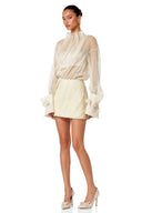 Delphine Neutral High Neck Ruched Blouse & Skirt Set