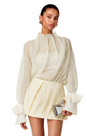 Delphine Neutral High Neck Ruched Blouse & Skirt Set