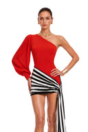 Séraphine Red One Shoulder Striped Draped Mini Dress