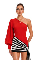 Séraphine Red One Shoulder Striped Draped Mini Dress