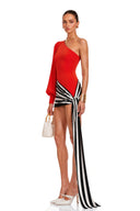 Séraphine Red One Shoulder Striped Draped Mini Dress