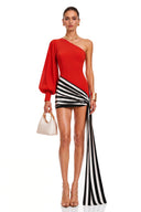 Séraphine Red One Shoulder Striped Draped Mini Dress