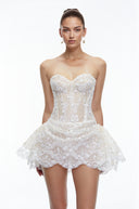 Prudence White Sequin Corset Mini Dress with Ruffles