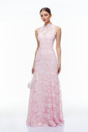 Ismeria Pink High Neck Lace Fishtail Maxi Dress