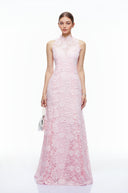Ismeria Pink High Neck Lace Fishtail Maxi Dress