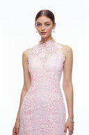Ismeria Pink High Neck Lace Fishtail Maxi Dress