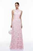 Ismeria Pink High Neck Lace Fishtail Maxi Dress