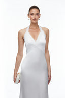 Maelie White Plunge Neck Halterneck Maxi Dress with Lace Trim