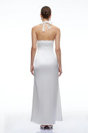 Maelie White Plunge Neck Halterneck Maxi Dress with Lace Trim