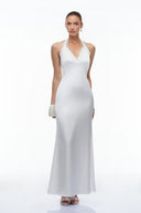 Maelie White Plunge Neck Halterneck Maxi Dress with Lace Trim