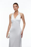 Maelie White Plunge Neck Halterneck Maxi Dress with Lace Trim