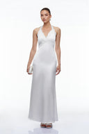 Maelie White Plunge Neck Halterneck Maxi Dress with Lace Trim