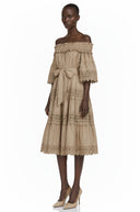 Azélie Brown Off-Shoulder Ruffled Midi Dress