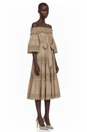 Azélie Brown Off-Shoulder Ruffled Midi Dress