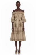Azélie Brown Off-Shoulder Ruffled Midi Dress
