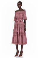 Azélie Pink Off-Shoulder Ruffled Midi Dress