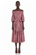 Azélie Pink Off-Shoulder Ruffled Midi Dress