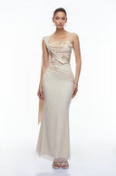 Avella Neutral One Shoulder Maxi Dress with Floral Applique