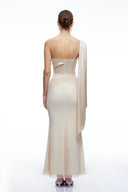 Avella Neutral One Shoulder Maxi Dress with Floral Applique