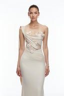 Avella Neutral One Shoulder Maxi Dress with Floral Applique