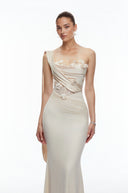 Avella Neutral One Shoulder Maxi Dress with Floral Applique