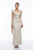 Avella Neutral One Shoulder Maxi Dress with Floral Applique