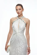 Celiane White Sequin Halterneck Maxi Dress with Cut-Outs