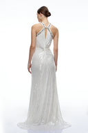 Celiane White Sequin Halterneck Maxi Dress with Cut-Outs