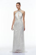 Celiane White Sequin Halterneck Maxi Dress with Cut-Outs