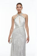 Celiane White Sequin Halterneck Maxi Dress with Cut-Outs